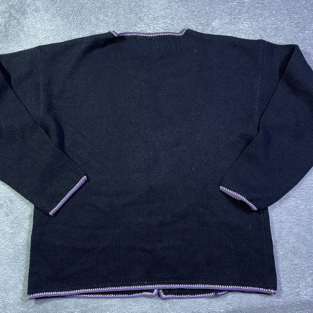 Tiara International Floral Embroidered Knit Artsy‎ Cardigan Sweater Purple Trim